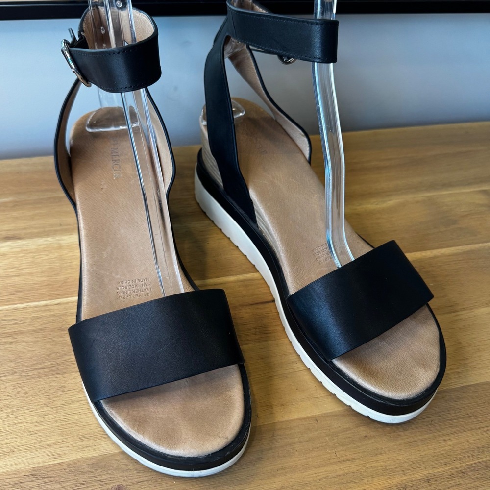 Jo Mercer Women 11 EU 42 Black Leather Wedge Heel Sandals Ankle Strap White Sole - Picture 7 of 16
